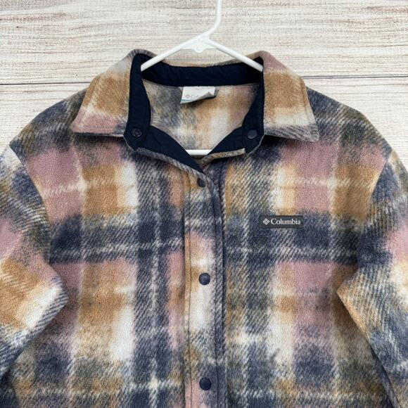 Columbia Jacket Womens Small Pink Brown Plaid Fleece Shacket Outdoors Pockets - Picture 3 of 12